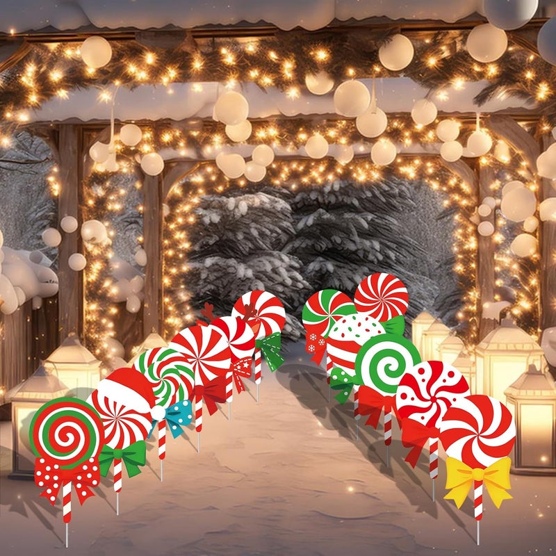 PhyLence 12-Piece Christmas Lollipop Yard Signs with Stakes Decorations – Assorted Candy Cane Peppermint Designs 14 Inches Large Outdoor Holiday Candy Signs for Garden, Lawn, Driveway, and Christmas Party Favor - Image 4